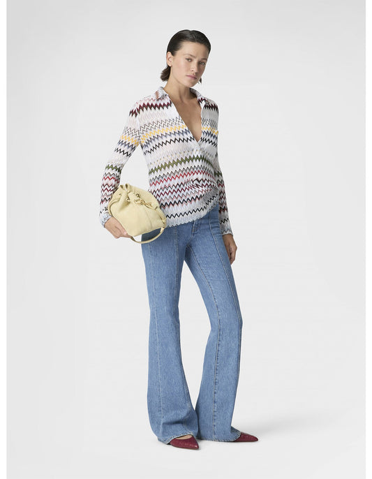 Missoni women's V-neck blouse in cotton and viscose blend. Raschel knit with signature micro zigzag lace motif. 