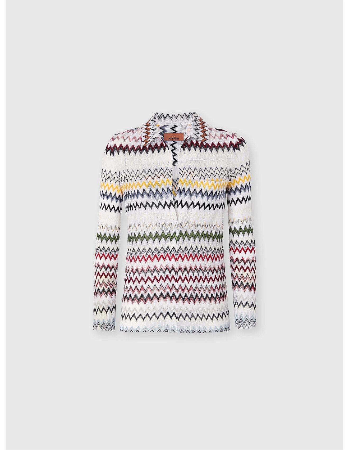 Missoni women's V-neck blouse in cotton and viscose blend. Raschel knit with signature micro zigzag lace motif. 