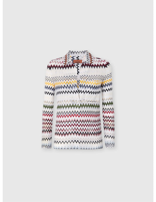 Missoni women's V-neck blouse in cotton and viscose blend. Raschel knit with signature micro zigzag lace motif. 