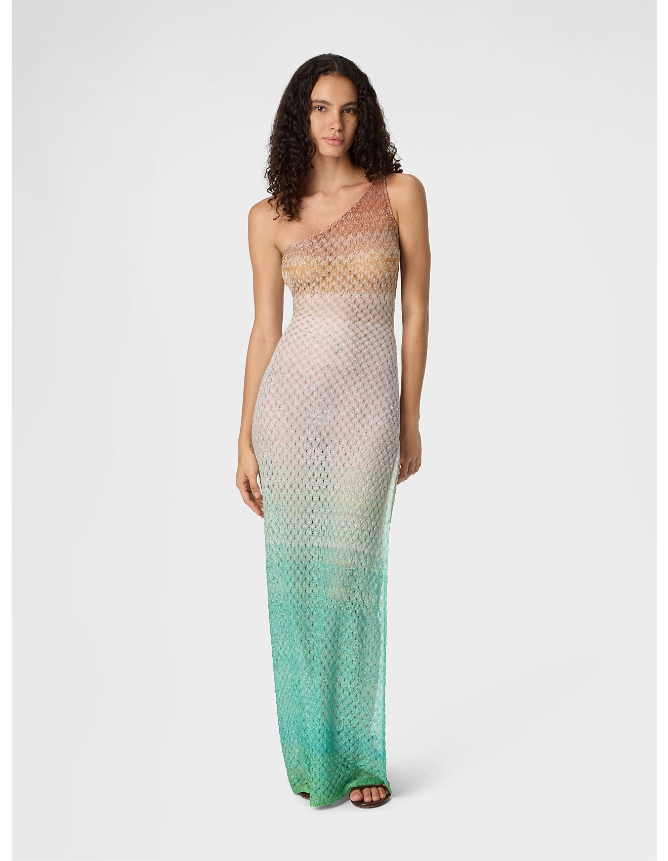 Missoni women's one-shoulder cover-up dress in viscose lamé — Raschel faded spiderweb lace knit, open back in multi