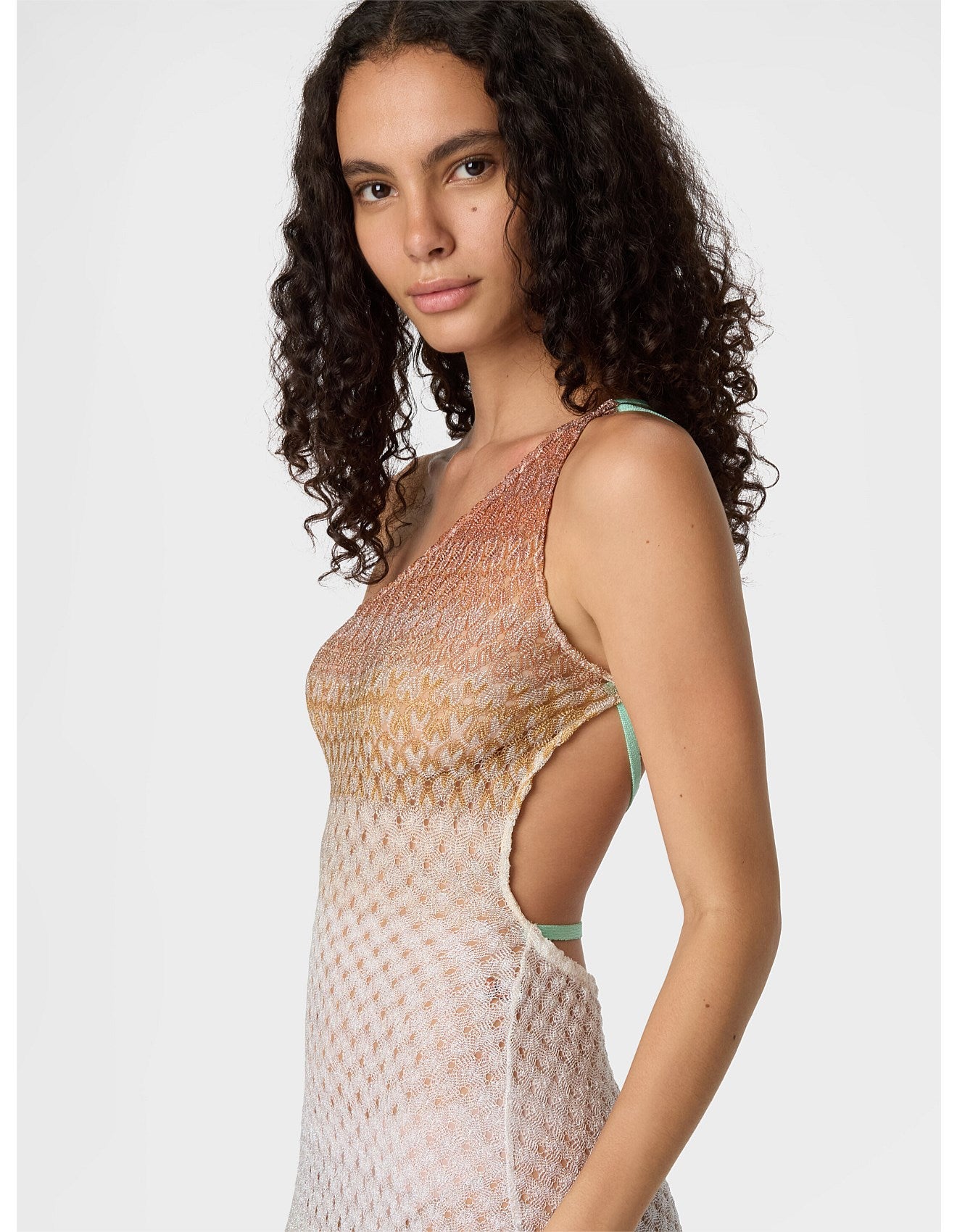 Missoni women's one-shoulder cover-up dress in viscose lamé — Raschel faded spiderweb lace knit, open back side view