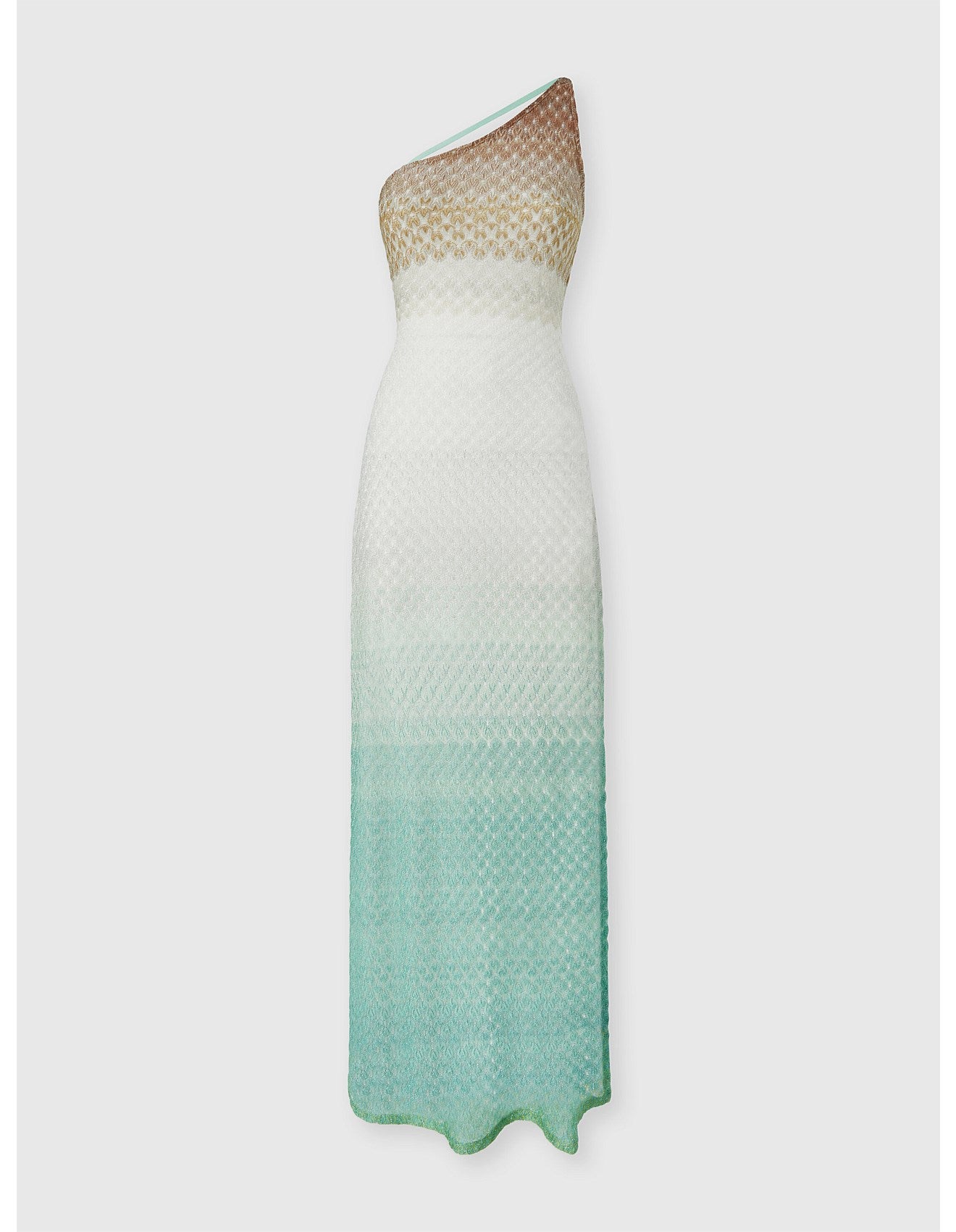 Missoni women's one-shoulder cover-up dress in viscose lamé — Raschel faded spiderweb lace knit, open back in multi - product shot