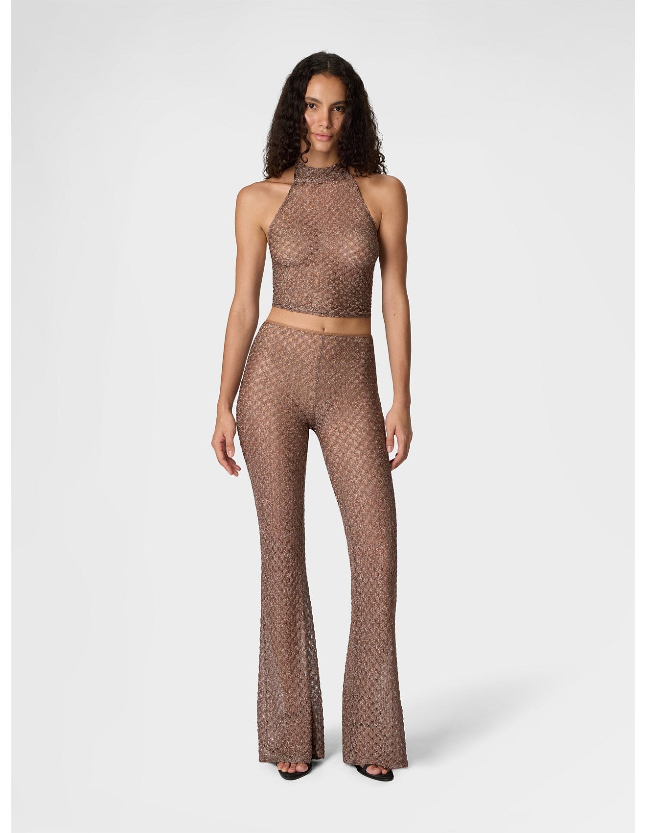 Missoni women's halter scarf top — viscose lamé spiderweb lace knit, front view