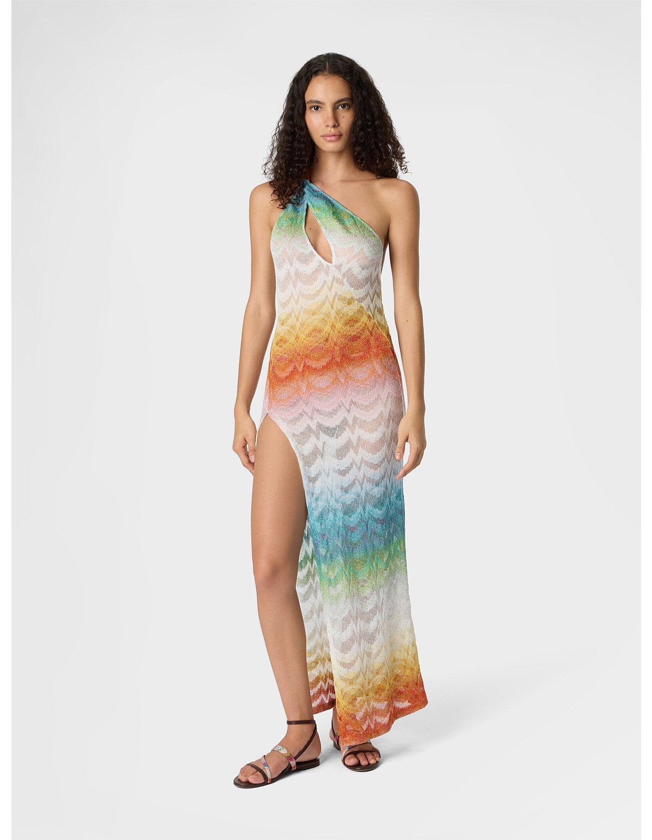Missoni women's asymmetric cover-up dress in viscose lamé — Raschel psychedelic faded knit, one-shoulder, cut-out, open back in multi