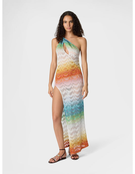 Missoni women's asymmetric cover-up dress in viscose lamé — Raschel psychedelic faded knit, one-shoulder, cut-out, open back in multi