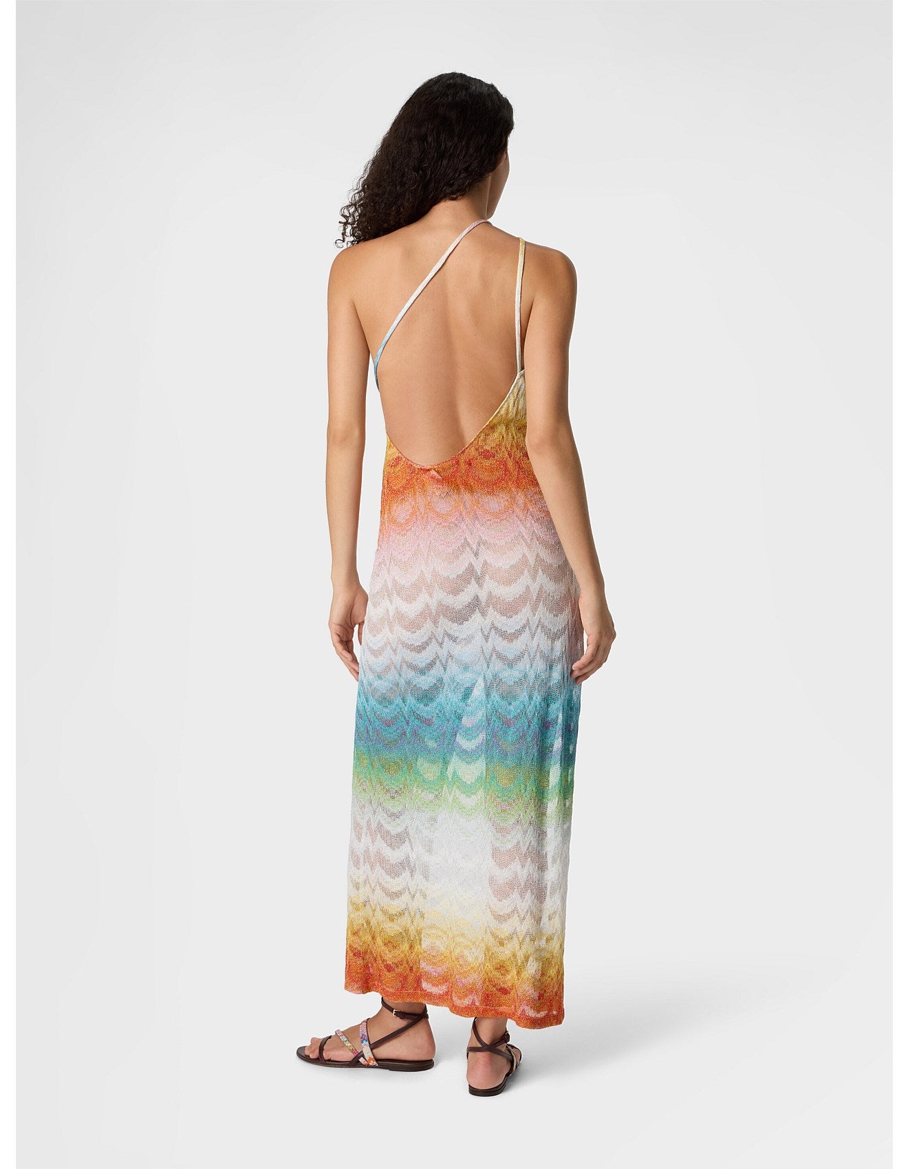Missoni women's asymmetric cover-up dress in viscose lamé — Raschel psychedelic faded knit, one-shoulder, cut-out, open back in multi - back view