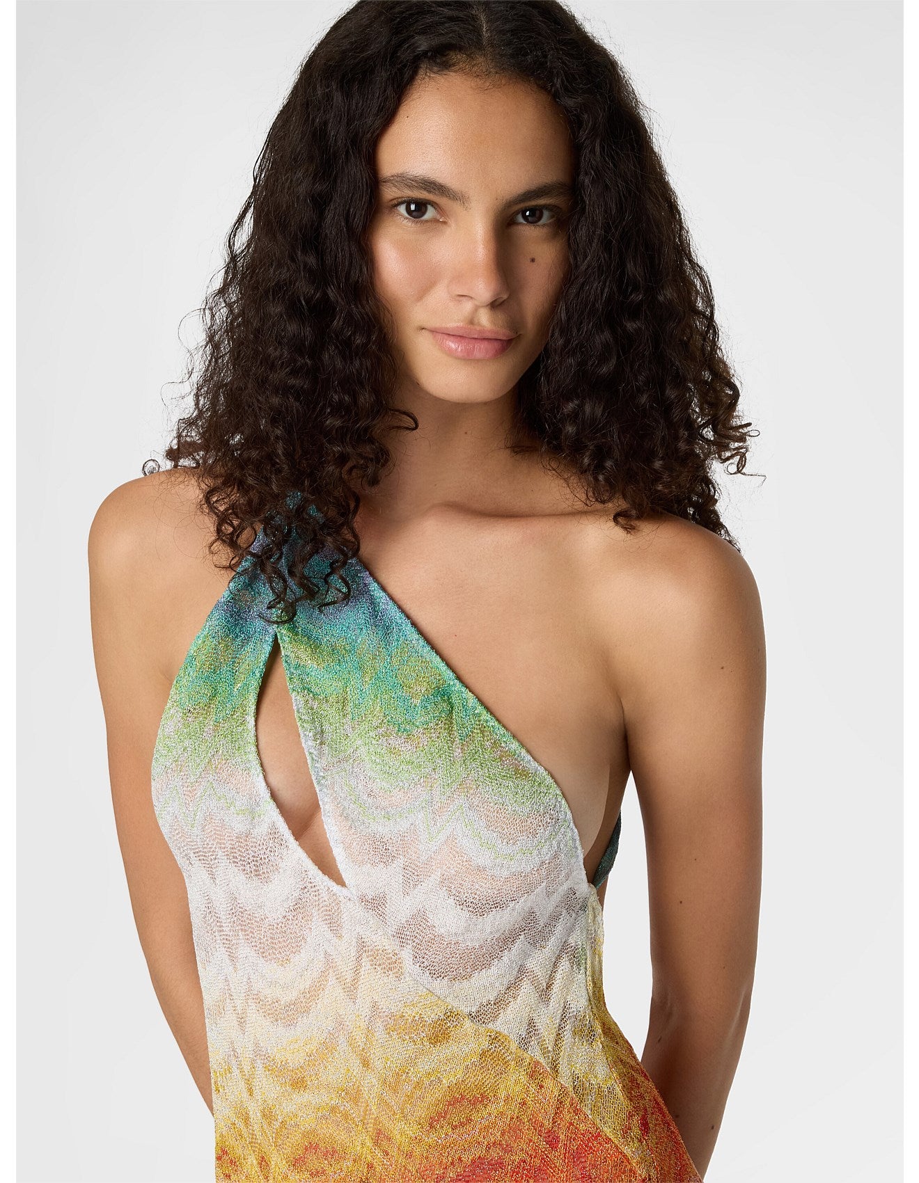 Missoni women's asymmetric cover-up dress in viscose lamé — Raschel psychedelic faded knit, one-shoulder, cut-out, open back in multi close up view