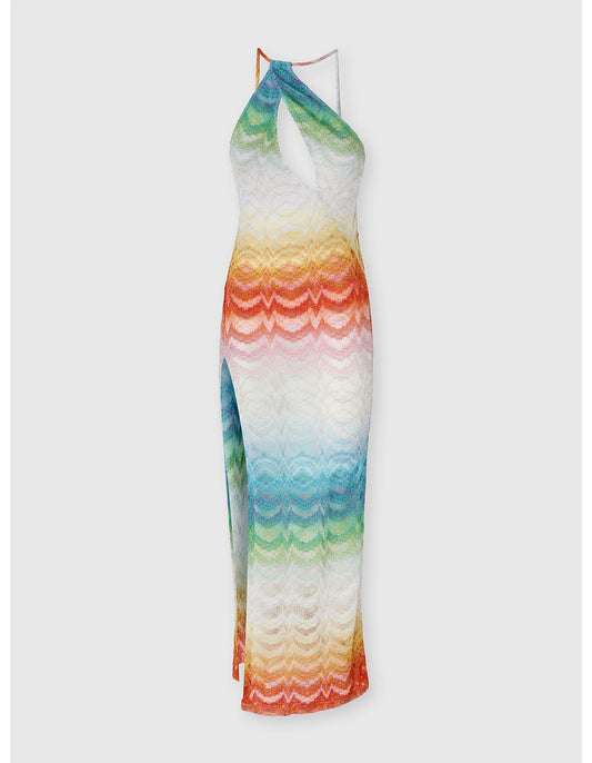 Missoni women's asymmetric cover-up dress in viscose lamé — Raschel psychedelic faded knit, one-shoulder, cut-out, open back in multi product only