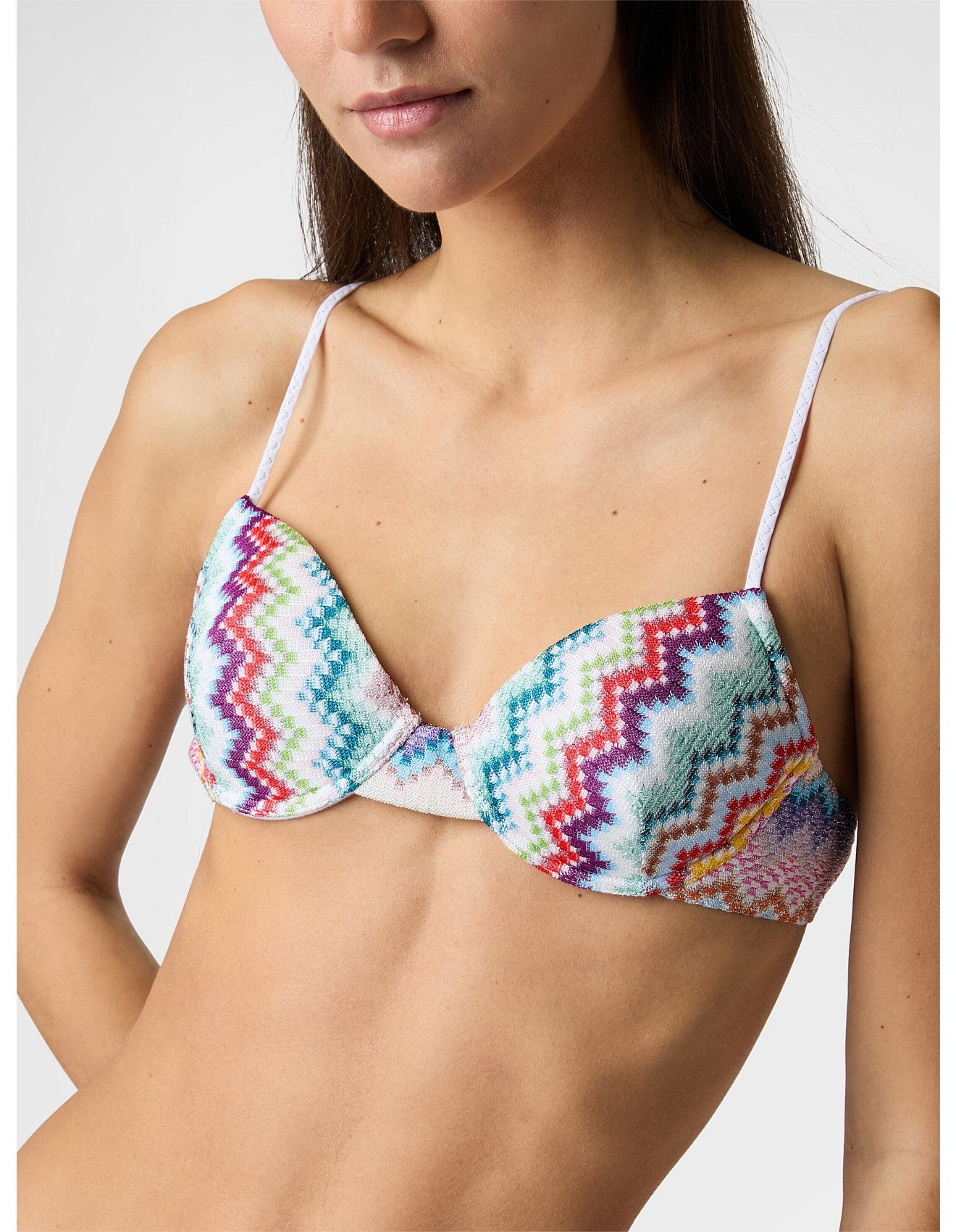 Missoni women's balconette bikini in viscose lamé — Raschel micro zigzag pixel-effect knit in Multi Light close up 