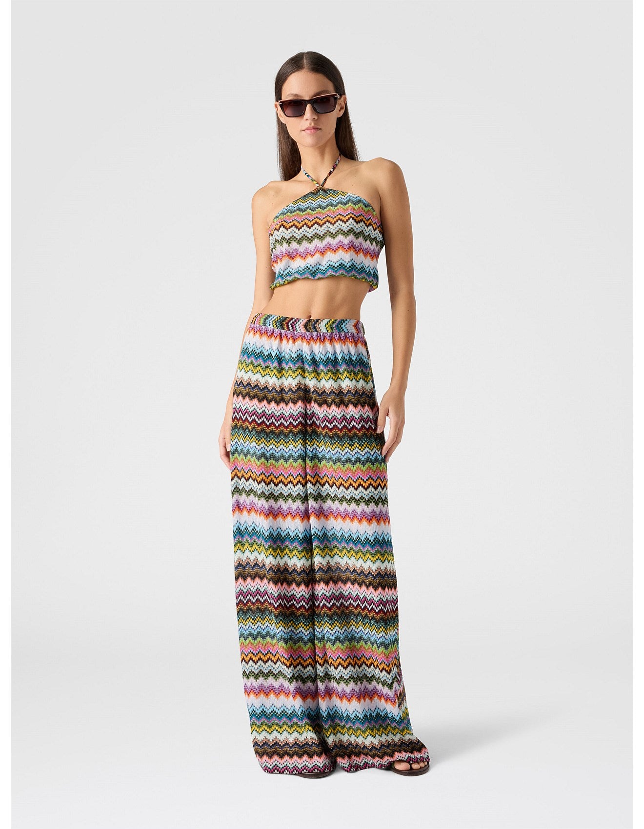 Missoni women's halter-neck top in viscose lamé — raschel micro zigzag pixel-effect knit in. multi