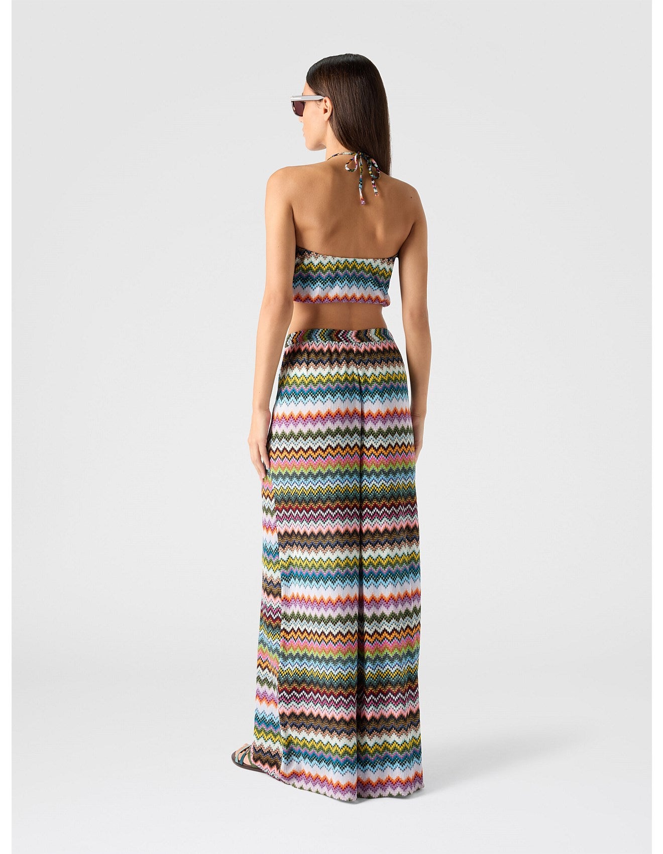 Missoni women's halter-neck top in viscose lamé — raschel micro zigzag pixel-effect knit in multi color back view