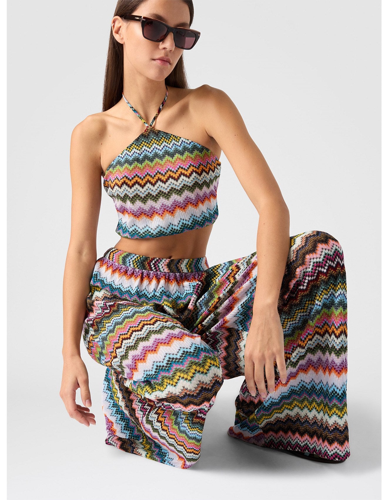 Missoni women's halter-neck top in viscose lamé — raschel micro zigzag pixel-effect knit in multi color close up