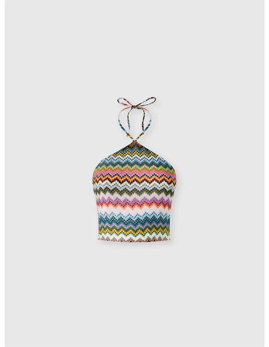 Missoni women's halter-neck top in viscose lamé — raschel micro zigzag pixel-effect knit in multi color