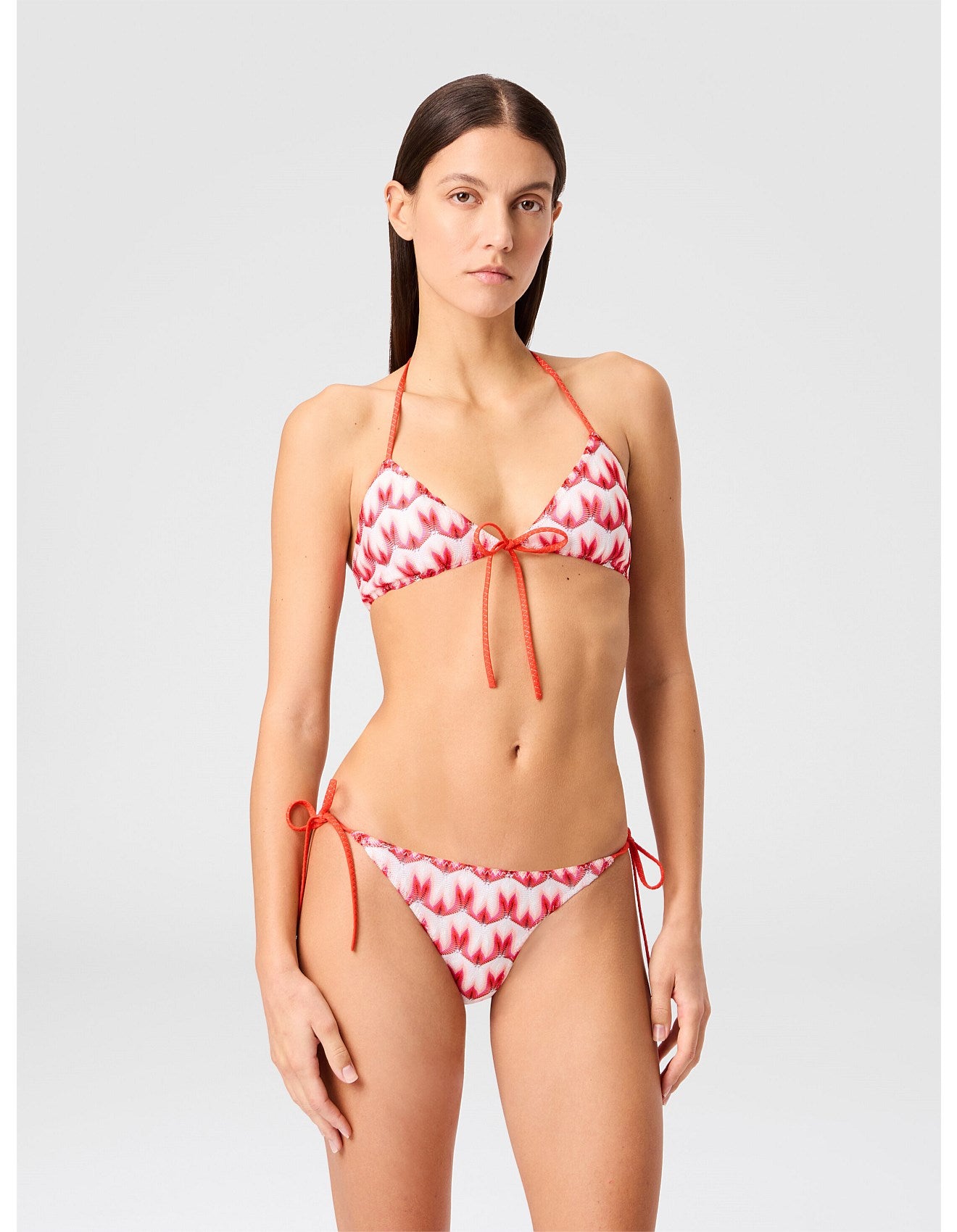 Missoni women's floral lace triangle bikini — viscose Raschel knit, front tie in red front view