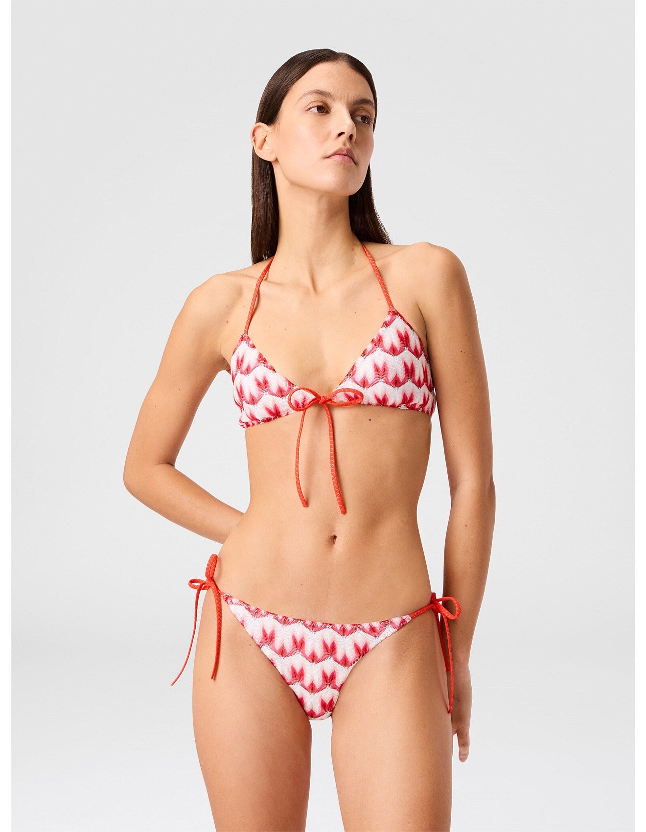 Missoni women's floral lace triangle bikini — viscose Raschel knit, front tie in red