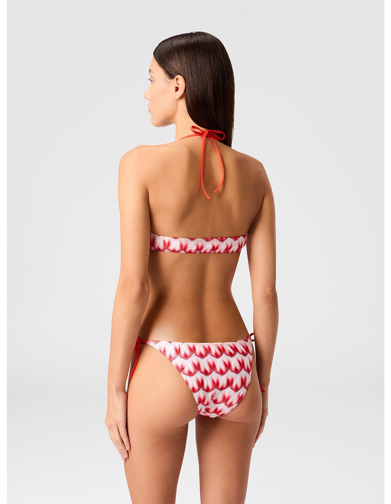 Missoni women's floral lace triangle bikini — viscose Raschel knit, front tie in red, back view