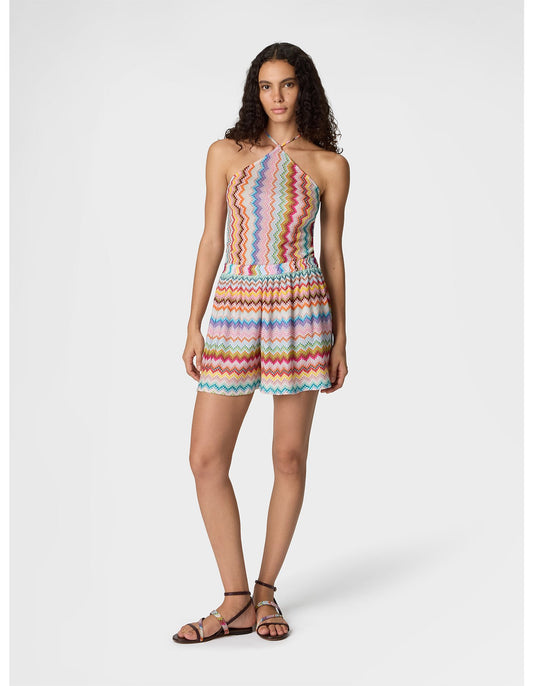 Missoni women's short halter jumpsuit in viscose lamé — Raschel zigzag pixel-effect knit in Multi