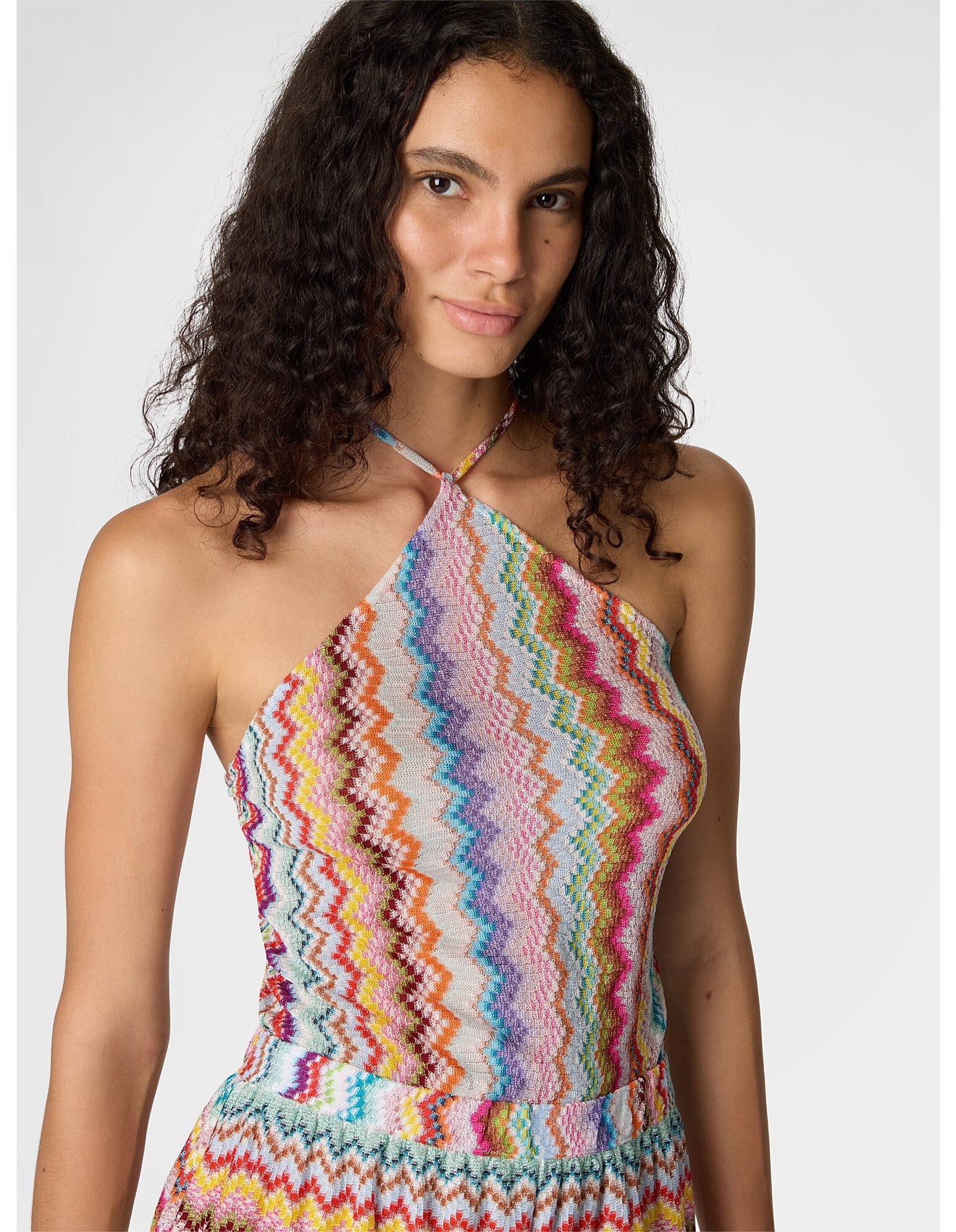 Missoni women's short halter jumpsuit in viscose lamé — Raschel zigzag pixel-effect knit in Multi close up