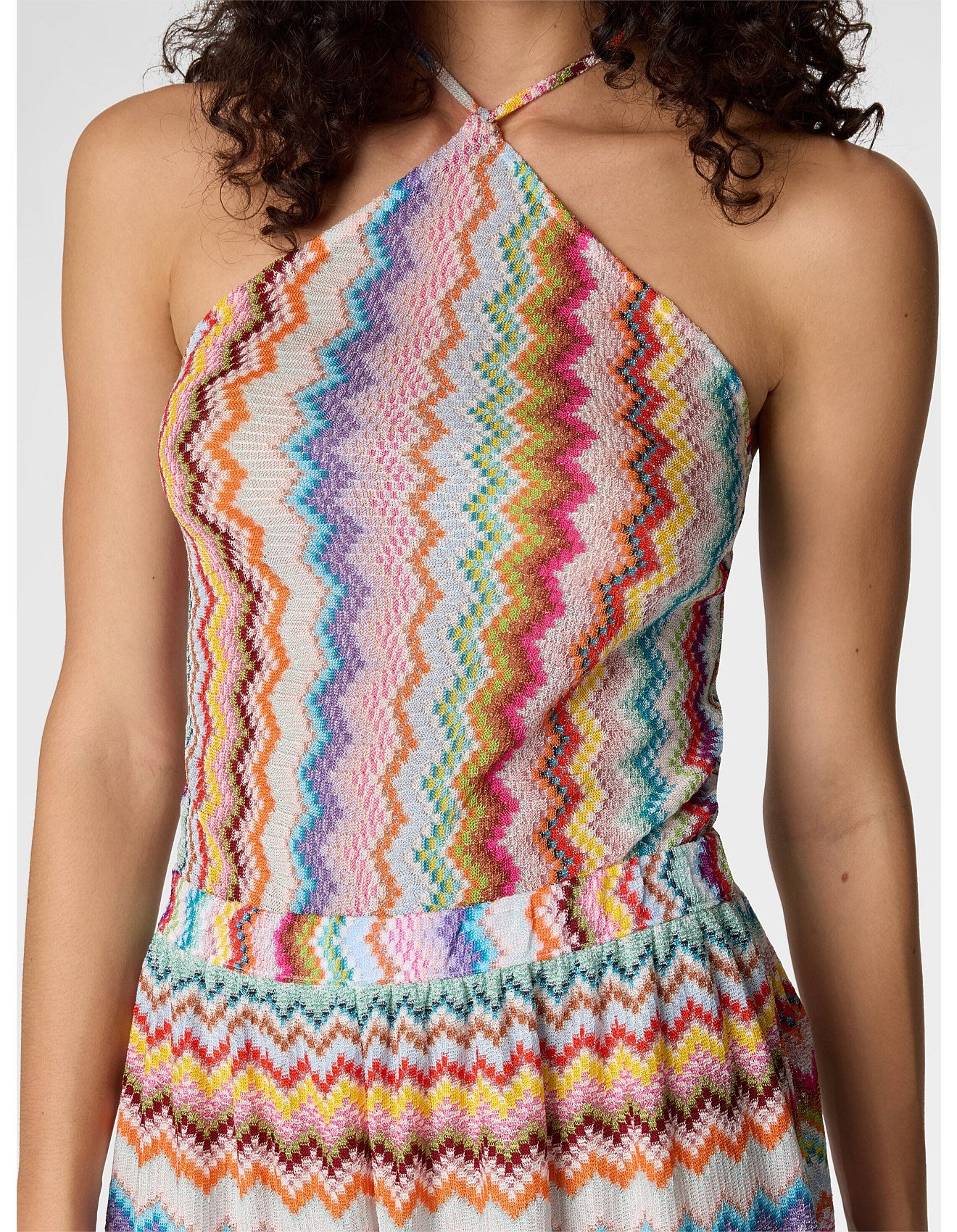 Missoni women's short halter jumpsuit in viscose lamé — Raschel zigzag pixel-effect knit in Multi close up
