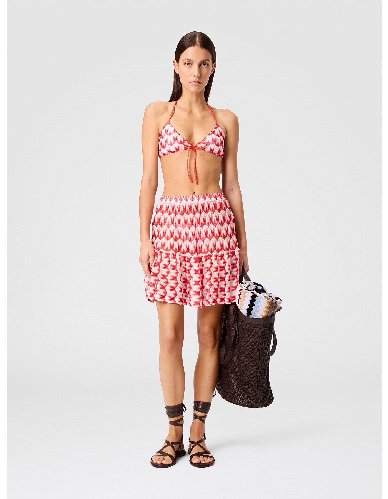 Missoni women's tiered mini skirt in viscose — Raschel floral lace knit, ruffled tiers in Red