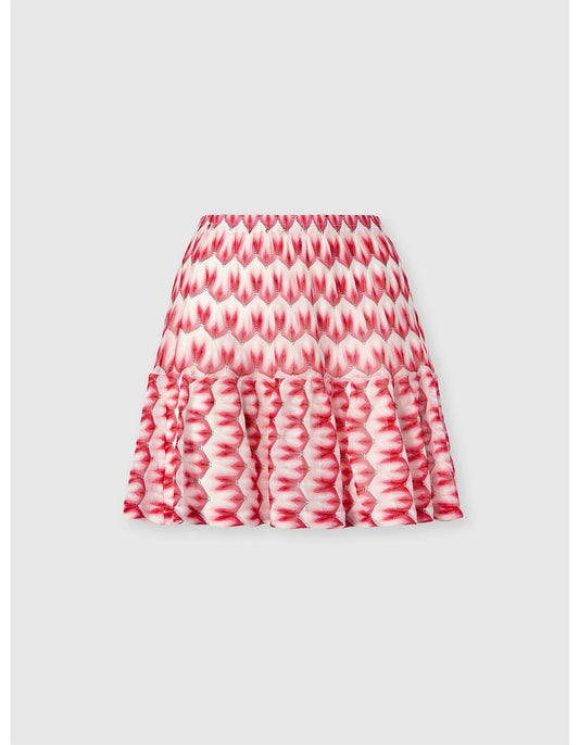 Missoni women's tiered mini skirt in viscose — Raschel floral lace knit, ruffled tiers in Red