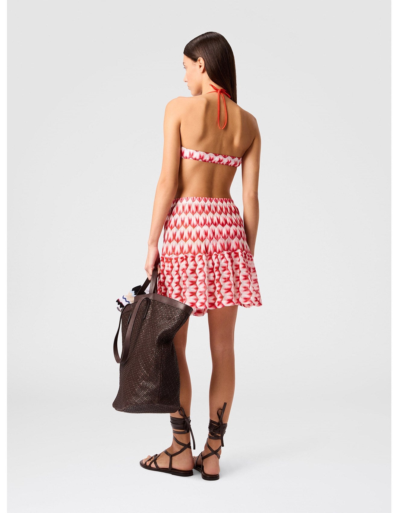 Missoni women's tiered mini skirt in viscose — Raschel floral lace knit, ruffled tiers in Red back view