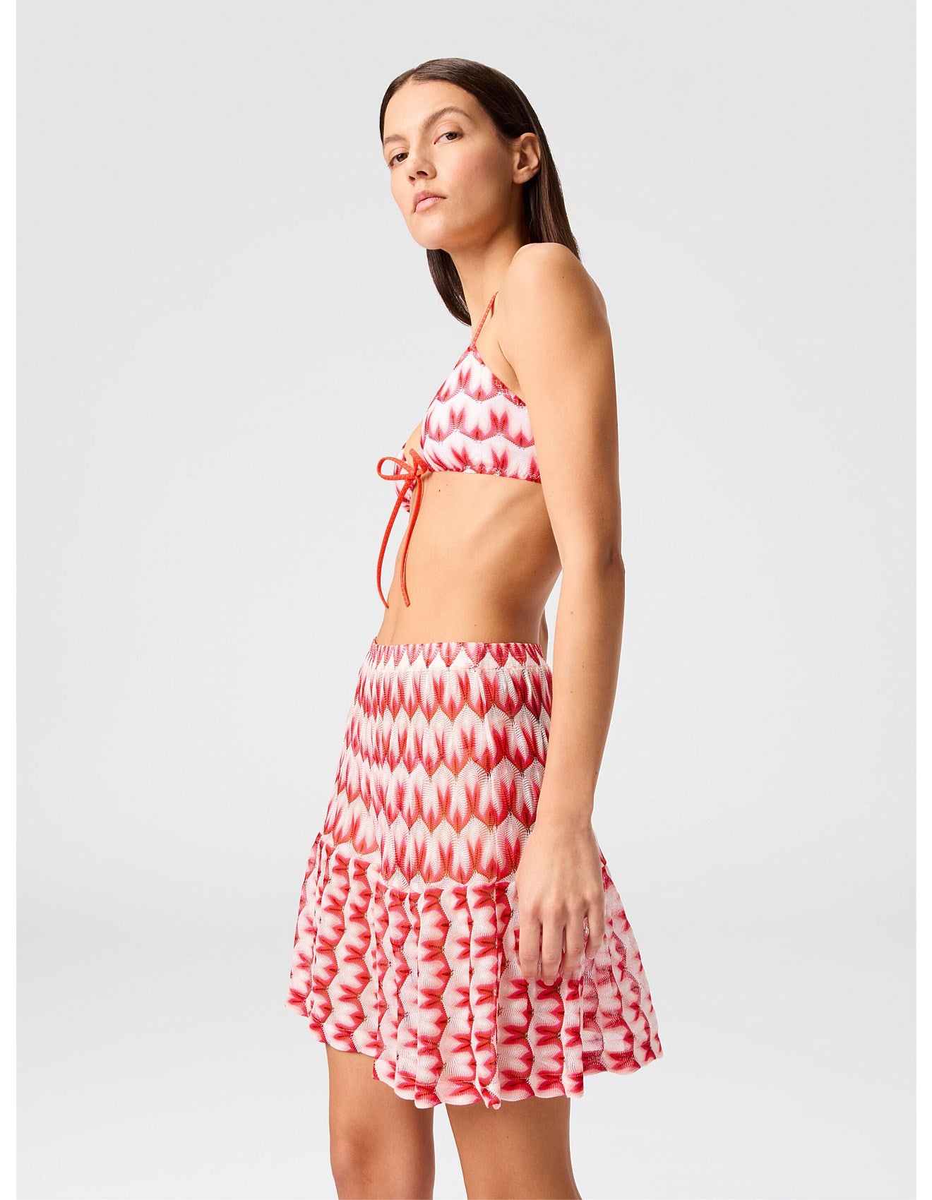Missoni women's tiered mini skirt in viscose — Raschel floral lace knit, ruffled tiers in Red