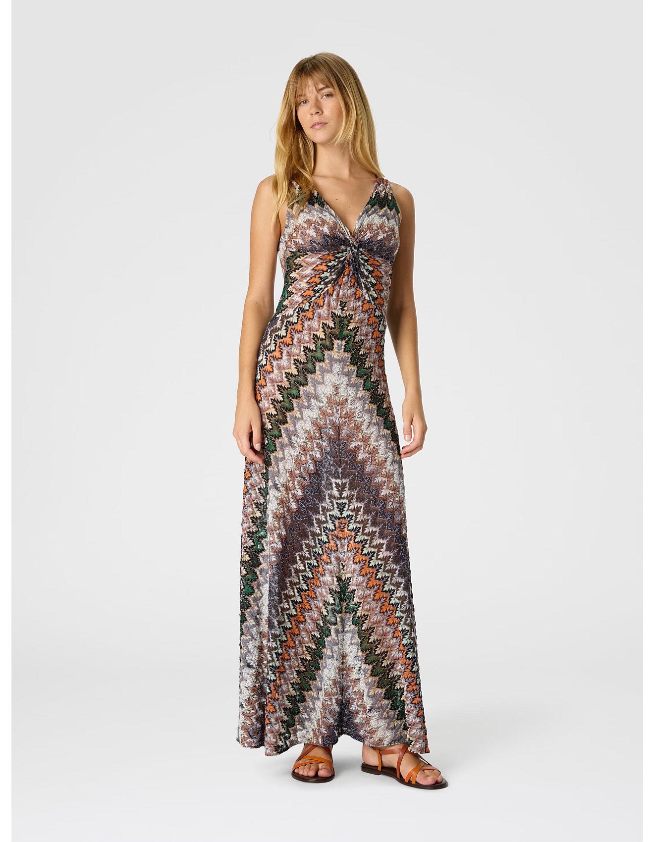 Missoni women's sleeveless maxi dress in viscose lamé — Raschel zigzag lace knit, tie neckline in multi 