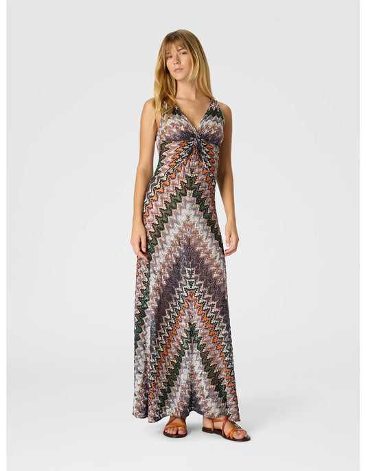 Missoni women's sleeveless maxi dress in viscose lamé — Raschel zigzag lace knit, tie neckline in multi 