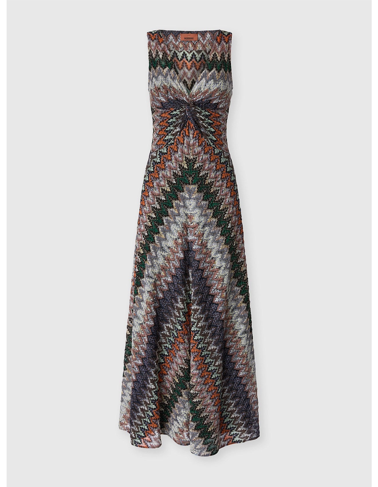 Missoni women's sleeveless maxi dress in viscose lamé — Raschel zigzag lace knit, tie neckline multi dark product shot
