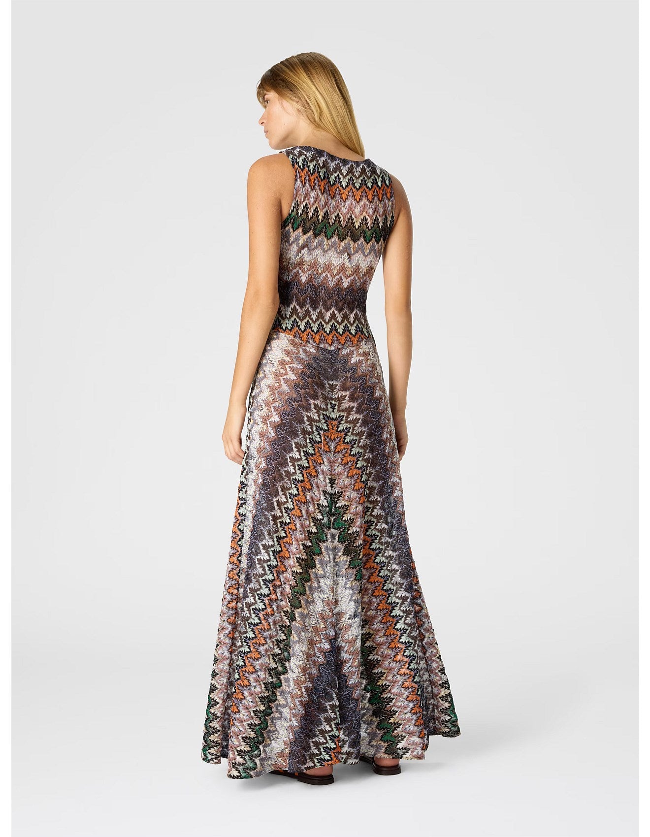 Missoni women's sleeveless maxi dress in viscose lamé — Raschel zigzag lace knit, tie neckline multi dark back view