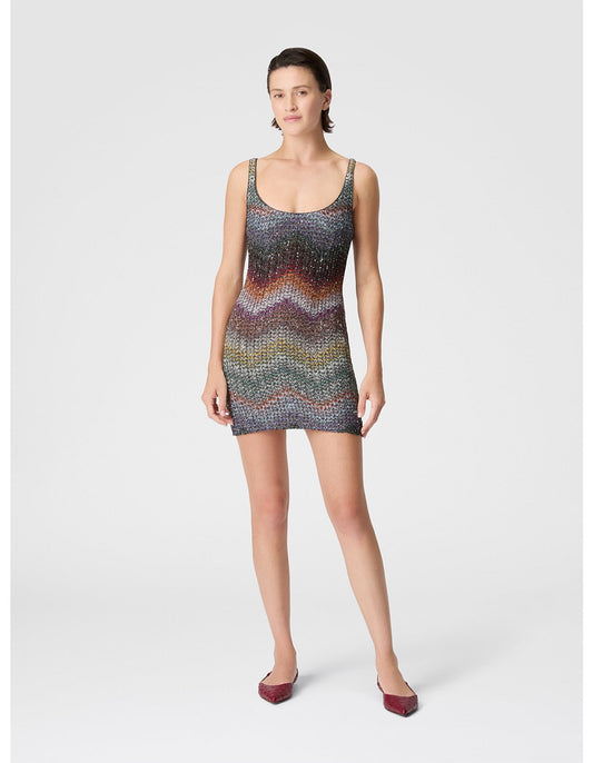 Missoni women's sequin mini dress in viscose lamé — Caperdoni loom zigzag knit, applied sequins, straps in multi