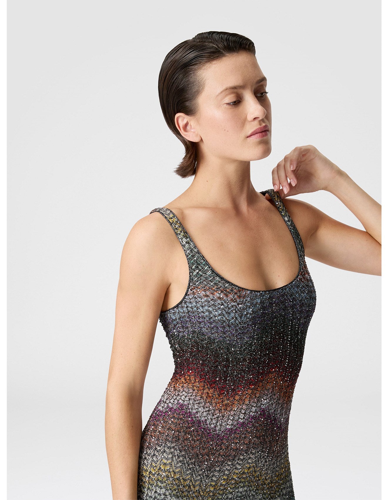Missoni women's sequin mini dress in viscose lamé — Caperdoni loom zigzag knit, applied sequins, straps in multi close up