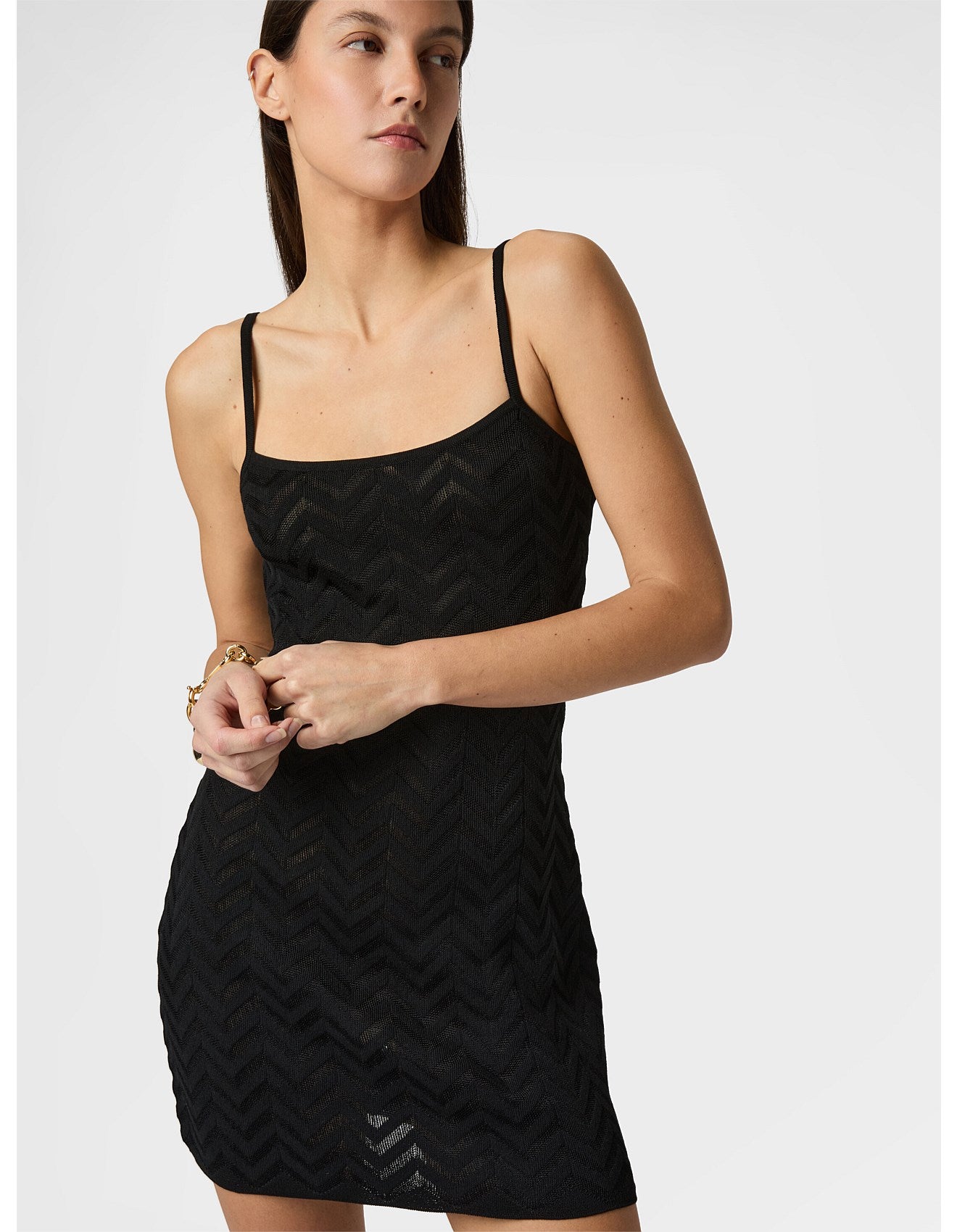 Missoni women's strappy mini dress in cotton viscose blend — tone-on-tone chevron zigzag knit in black