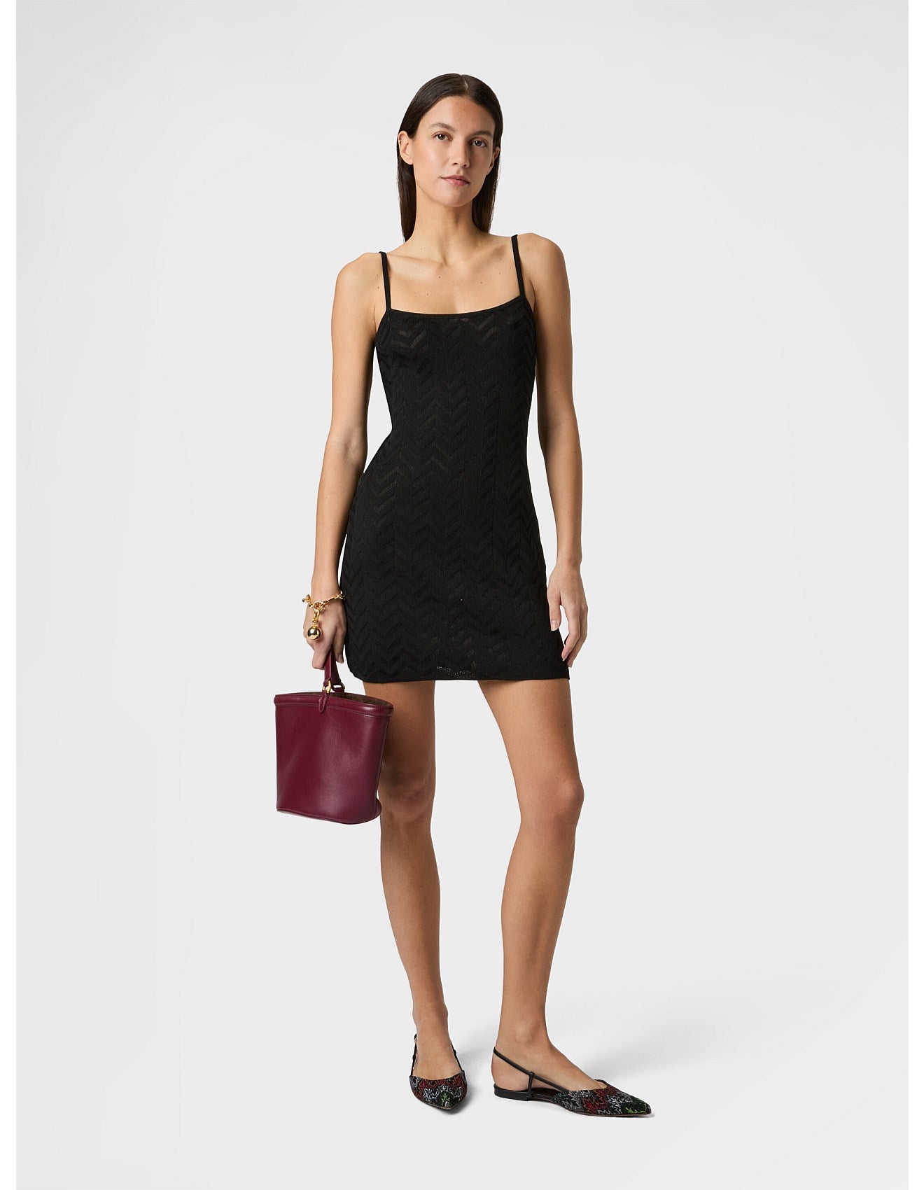 Missoni women's strappy mini dress in cotton viscose blend — tone-on-tone chevron zigzag knit in black