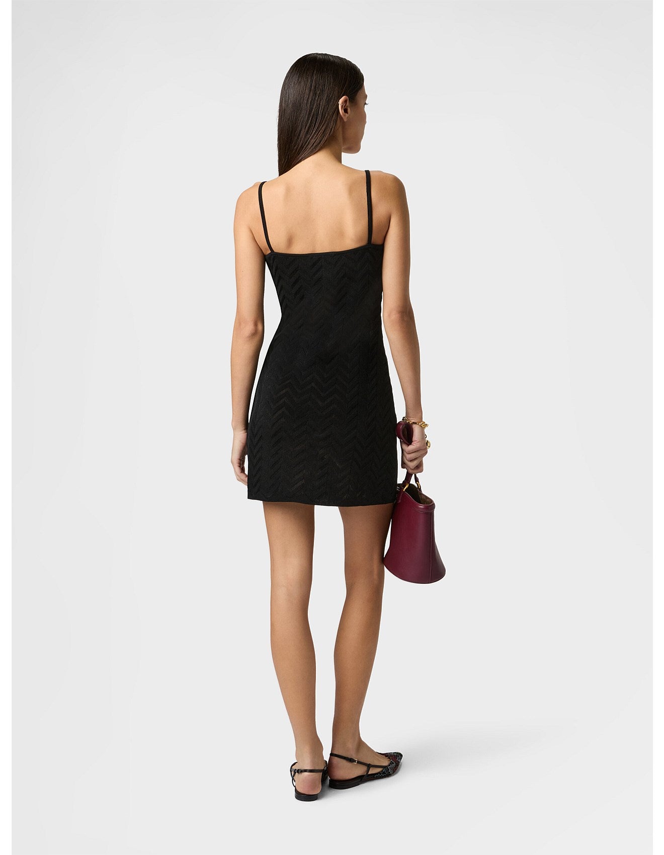 Missoni women's strappy mini dress in cotton viscose blend — tone-on-tone chevron zigzag knit in black back view