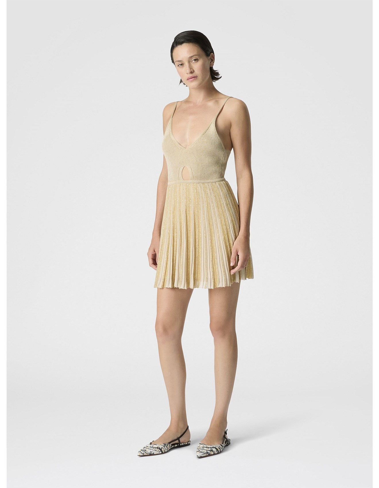 Missoni women's sleeveless mini dress in viscose lamé — tone-on-tone ribbed knit, sequins, strappy cut-out in Gold