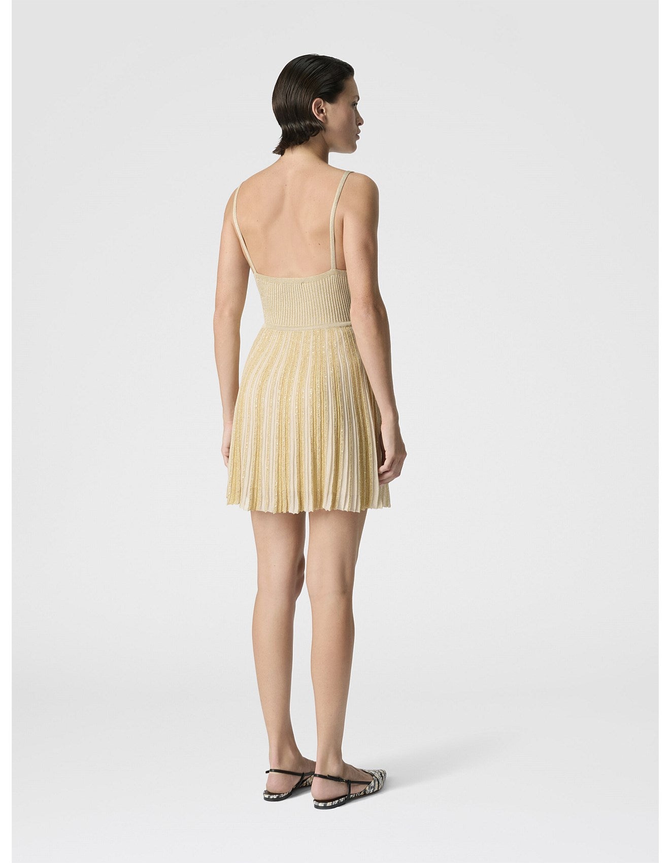 Missoni women's sleeveless mini dress in viscose lamé — tone-on-tone ribbed knit, sequins, strappy cut-out in Gold back view