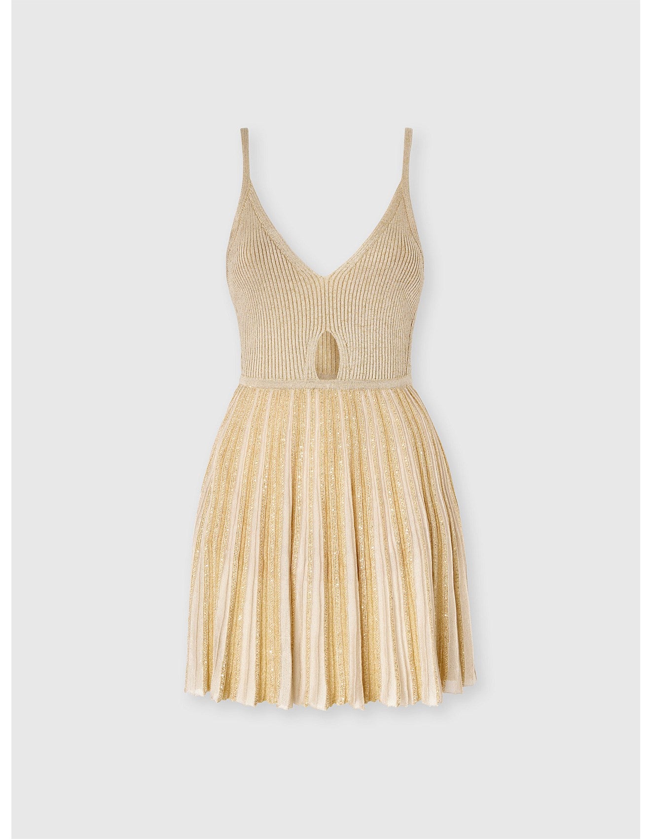 Missoni women's sleeveless mini dress in viscose lamé — tone-on-tone ribbed knit, sequins, strappy cut-out in Gold