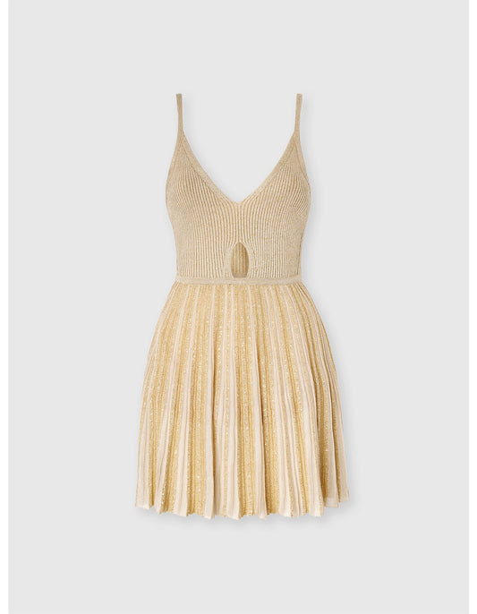 Missoni women's sleeveless mini dress in viscose lamé — tone-on-tone ribbed knit, sequins, strappy cut-out in Gold