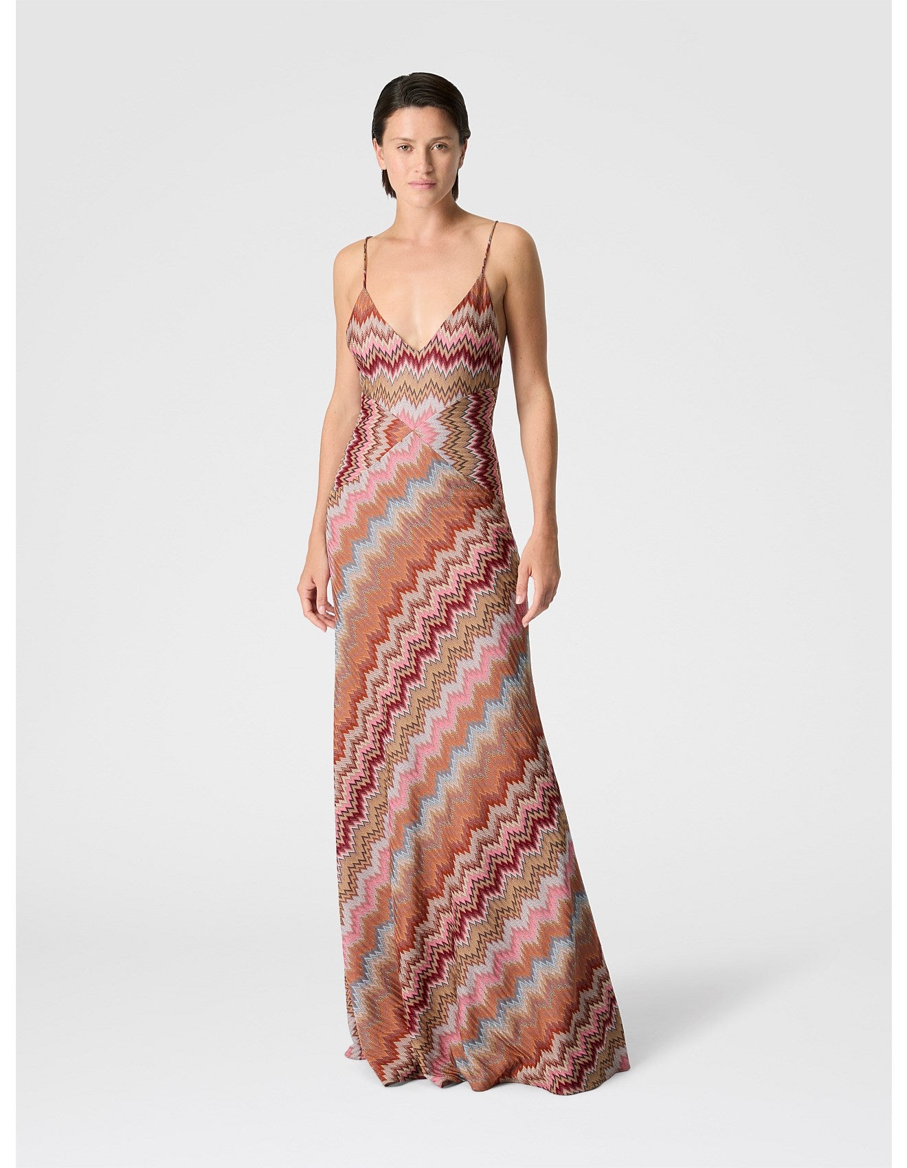 Missoni women's maxi dress in viscose — Raschel snake motif knit, crossed straps, V-neckline in pink