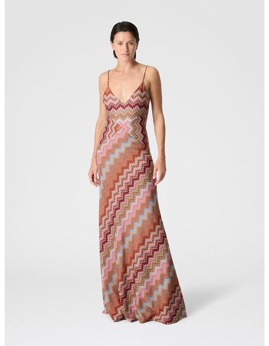 Missoni women's maxi dress in viscose — Raschel snake motif knit, crossed straps, V-neckline in pink