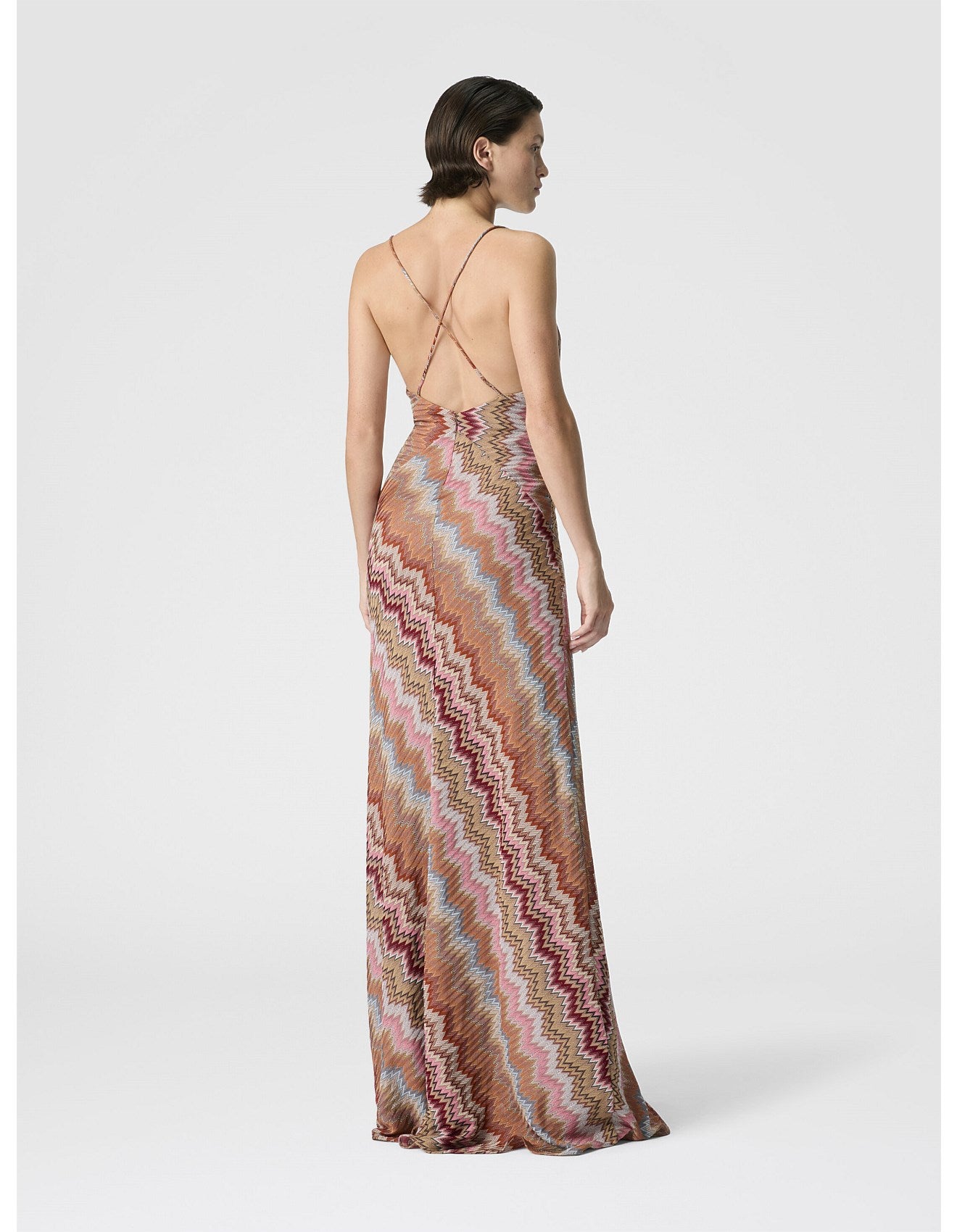 Missoni women's maxi dress in viscose — Raschel snake motif knit, crossed straps, V-neckline in pink back view