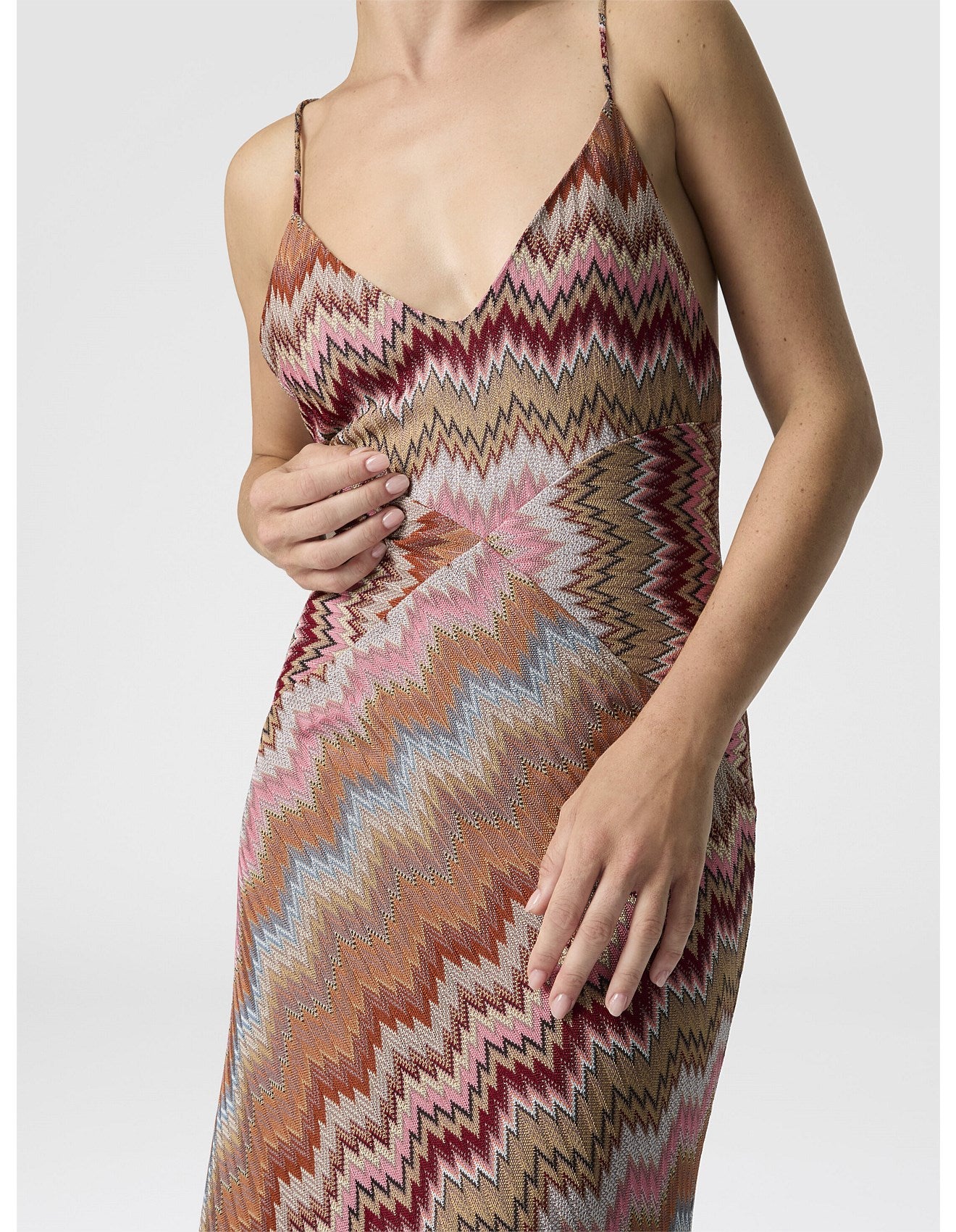 Missoni women's maxi dress in viscose — Raschel snake motif knit, crossed straps, V-neckline in pink close up