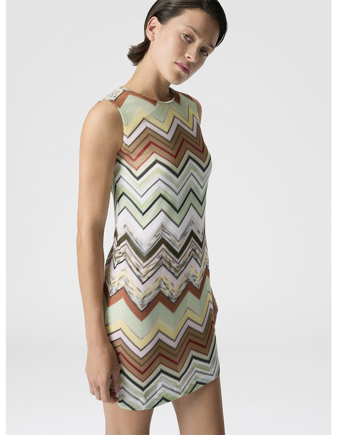 Missoni women's sleeveless mini dress in cotton viscose blend — chevron knit, crew neckline in white multi