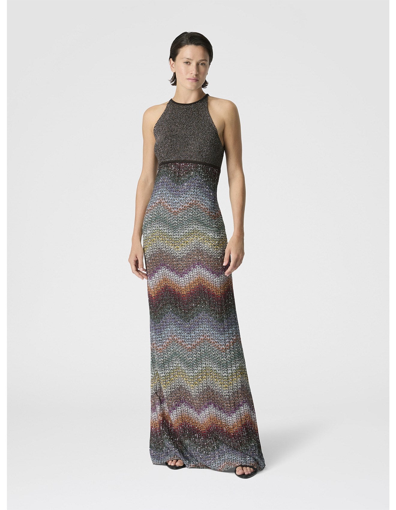 Missoni women's halter maxi dress — viscose lamé sequins, Caperdoni zigzag knit skirt, front view