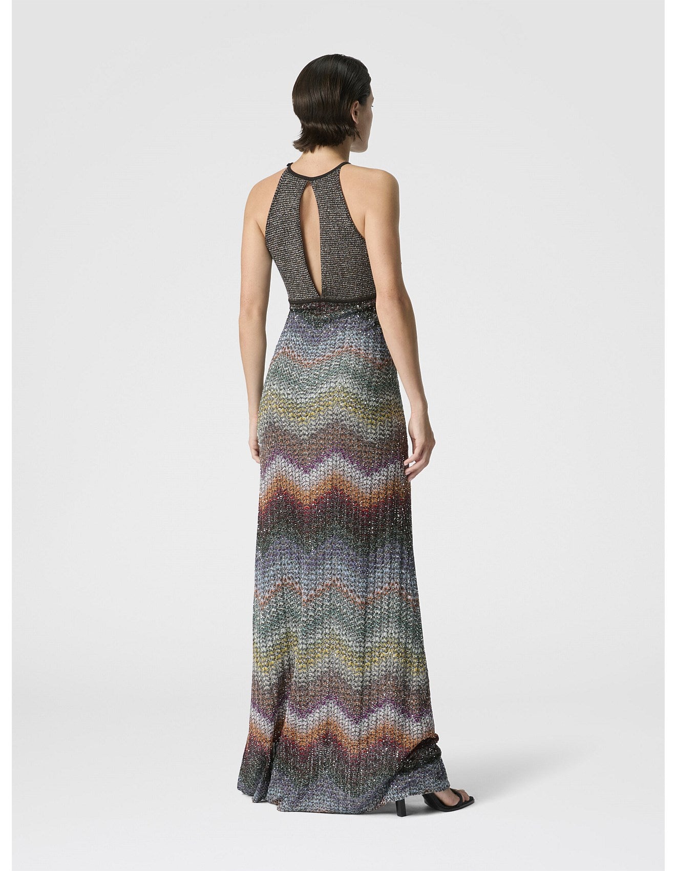 Missoni women's halter maxi dress — viscose lamé sequins, Caperdoni zigzag knit skirt, back view