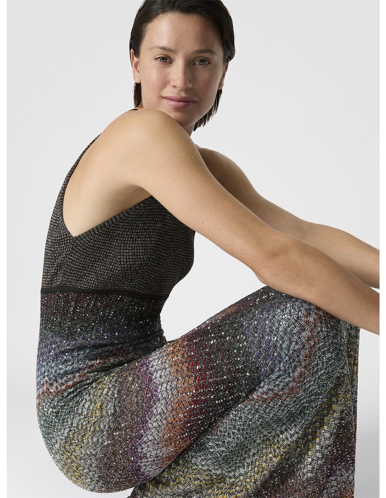 Missoni women's halter maxi dress — viscose lamé sequins, Caperdoni zigzag knit skirt
