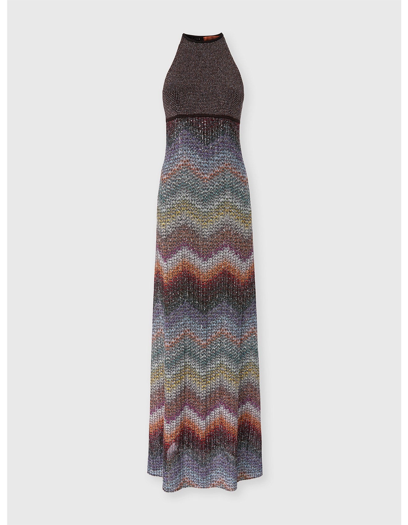 Missoni women's halter maxi dress — viscose lamé sequins, Caperdoni zigzag knit skirt, front view