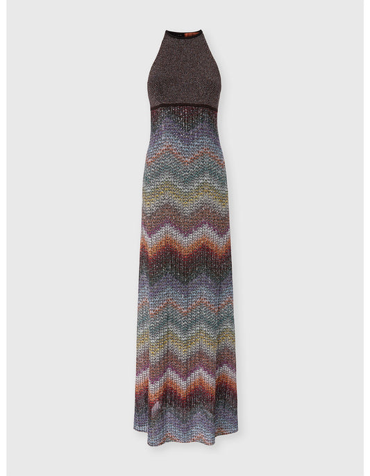Missoni women's halter maxi dress — viscose lamé sequins, Caperdoni zigzag knit skirt, front view
